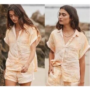 Bella Dahl Orange Sunset Palm Linen Short Sleeve Button Up Top